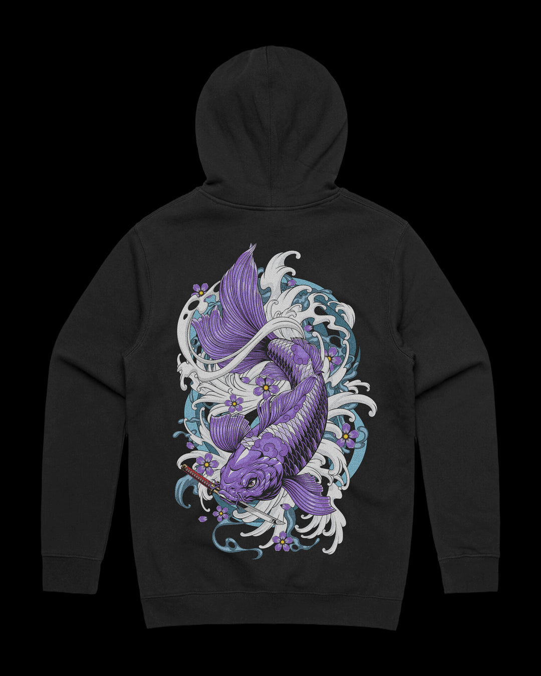 Japanese Tattoo Hoodie with large back print of purple koi swimming through waves in traditional tattoo style