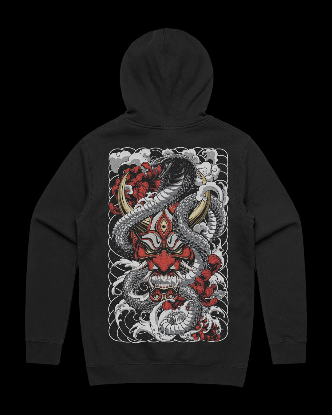 Japanese Tattoo Hoodie with large back print of snake coiled around red Oni mask surrounded by waves in traditional tattoo style