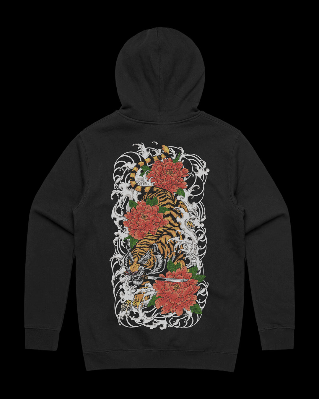 Japanese Tattoo Hoodie with large back print of descending tiger holding short katana in mouth surrounded by waves and red florals in traditional tattoo style