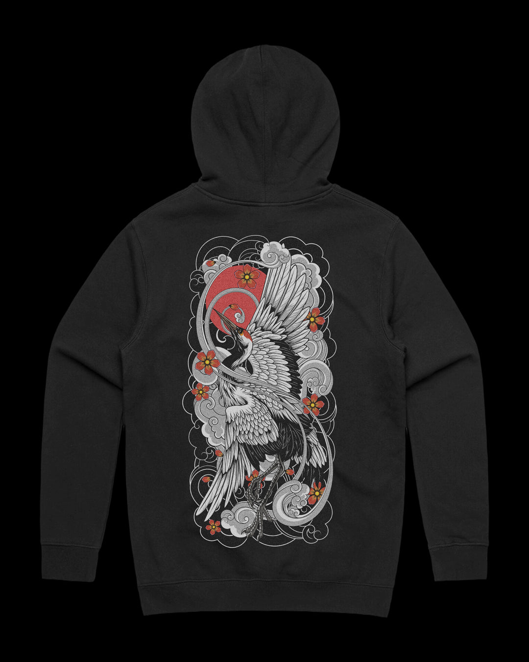 Japanese Tattoo Hoodie with large back print of crane with wings extended surrounded by waves, florals, and red sun in traditional tattoo style