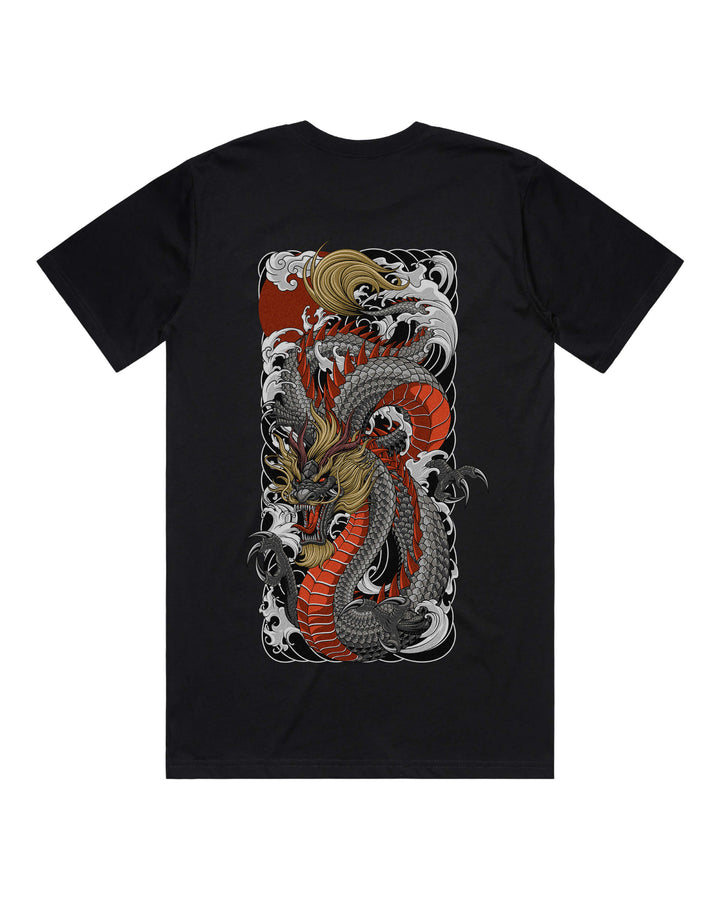 Black graphic t-shirt with large descending irezumi black dragon
