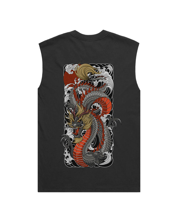 Faded black tank top with large irezumi black dragon back print
