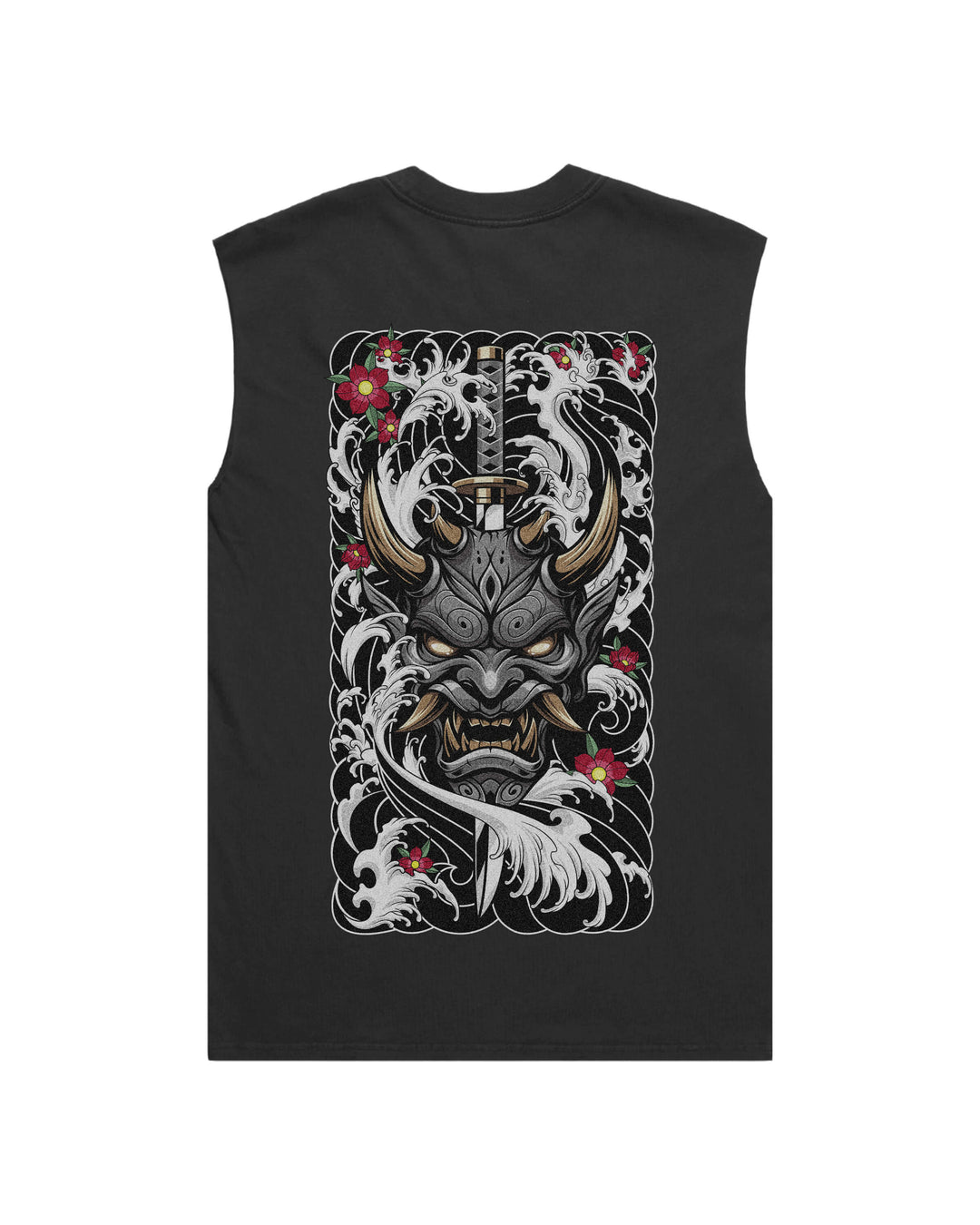 Faded black tank top with large pierced oni mask Japanese demon print