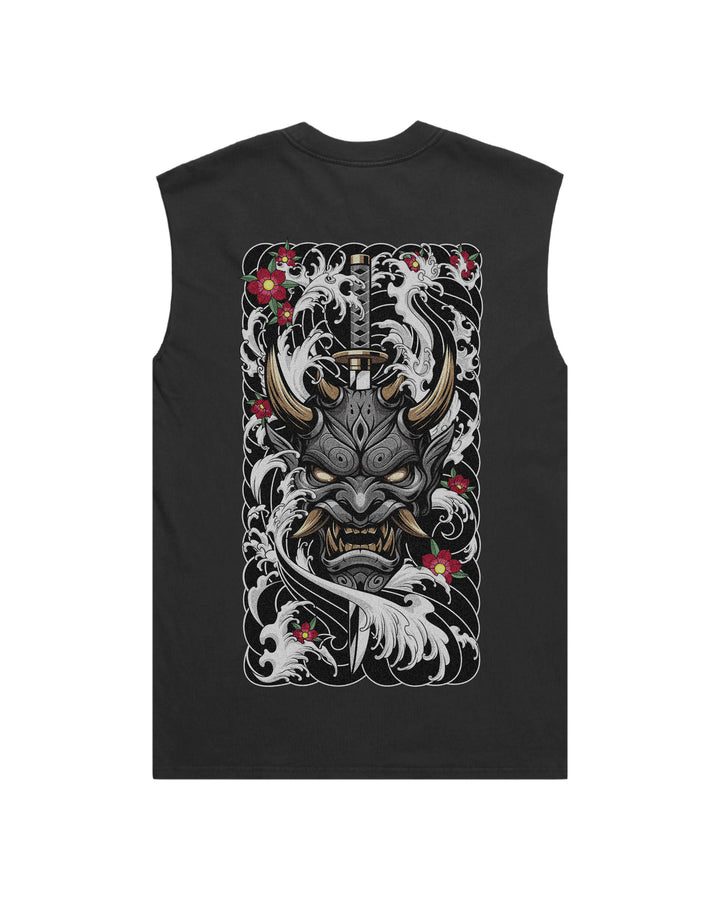 Faded black tank top with large pierced oni mask Japanese demon print