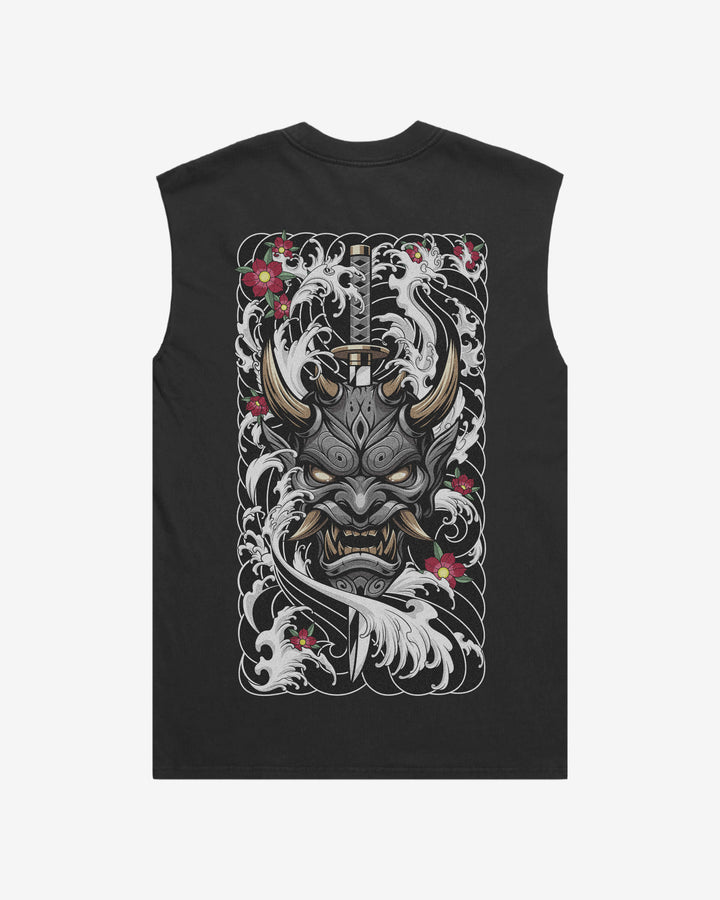 Pierced Oni Mask Faded Oversized Graphic Tank Top With Large Tattoo Inspired Graphic Print