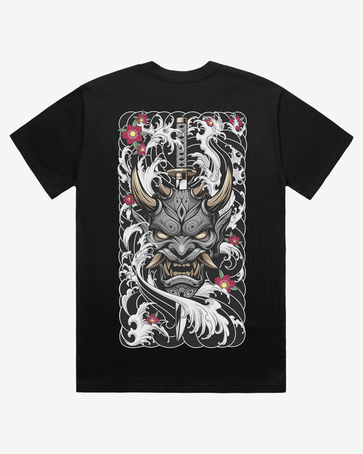 Black oversized graphic t-shirt with a oni mask and katana design on a white background