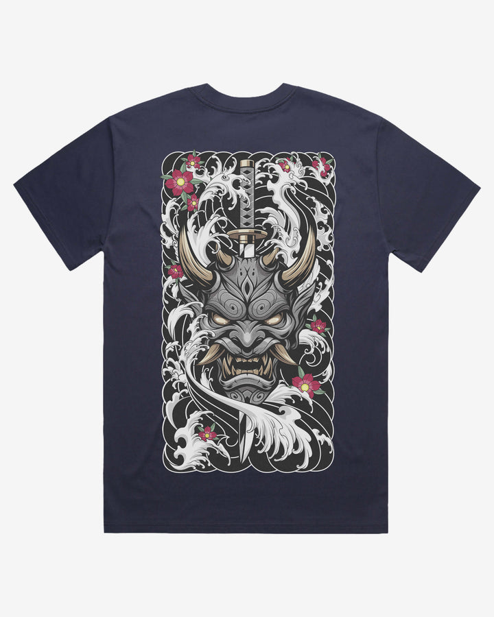 midnight blue oversized graphic t-shirt with a oni mask and katana design on a white background