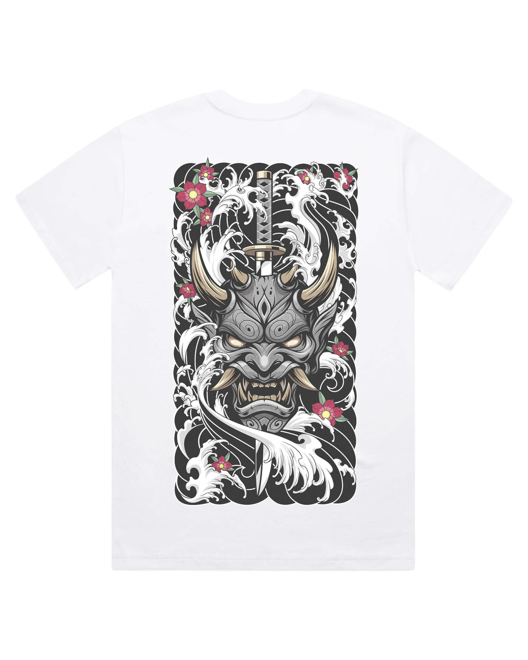 white oversized graphic t-shirt with a oni mask and katana design on a white background