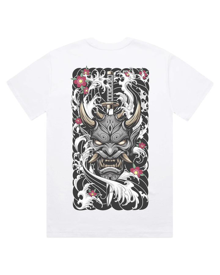 white oversized graphic t-shirt with a oni mask and katana design on a white background