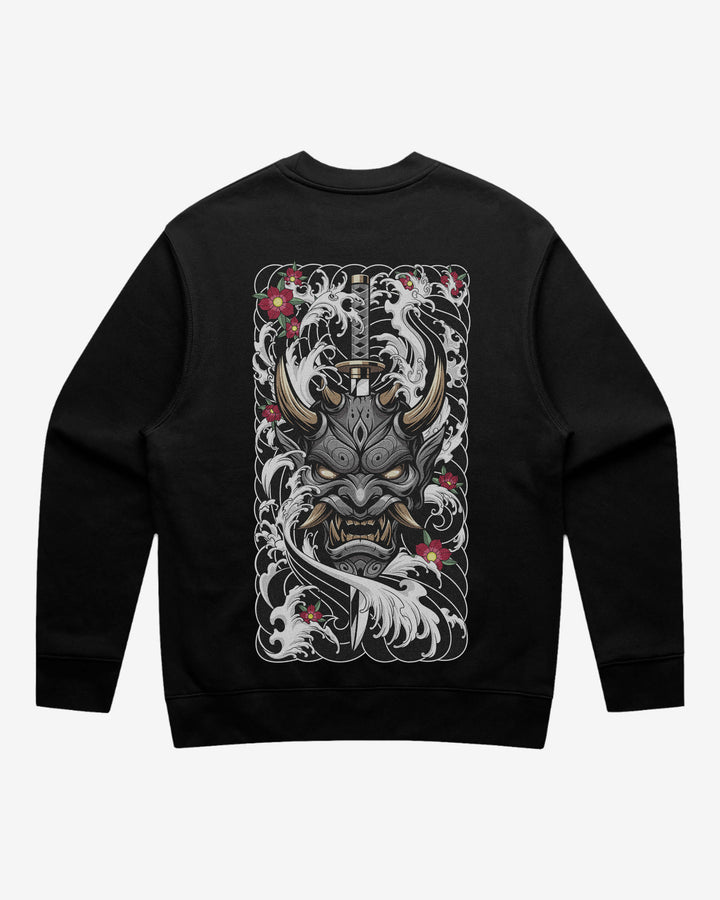 Pierced Oni Mask Relaxed Fit Graphic Sweatshirt With Large Tattoo Inspired Back Print