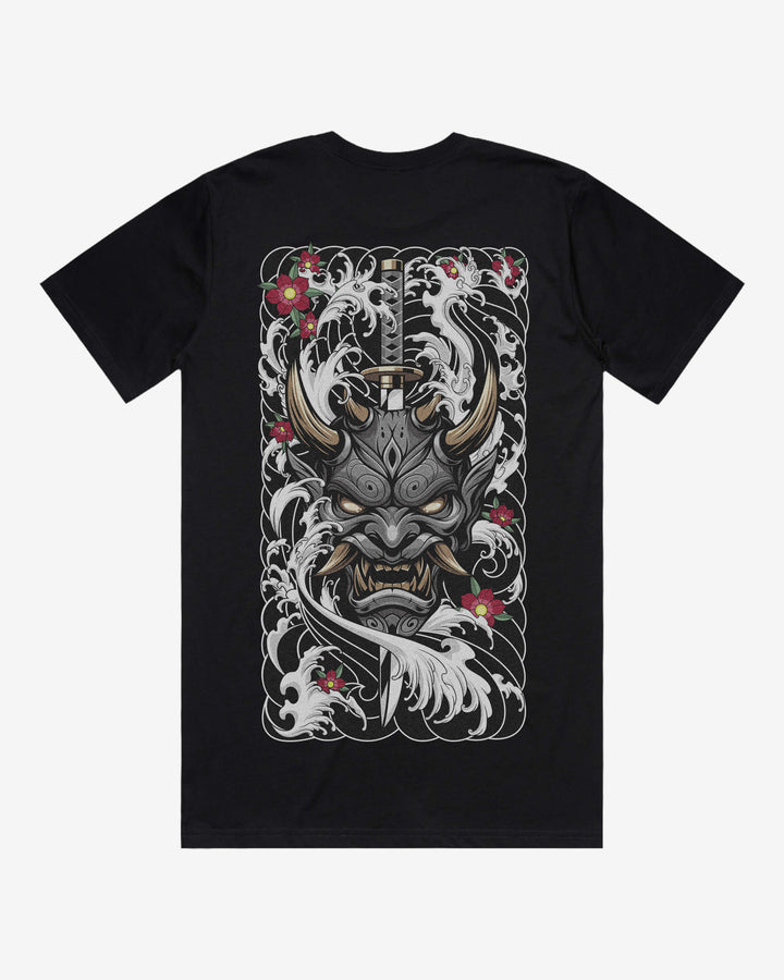 Pierced Oni Mask Relaxed Fit Graphic Tee With Large Japanese Tattoo Inspired Back Print