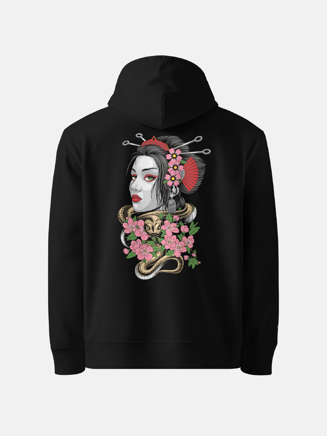 graphic print  of geisha on the back of a black hoodie