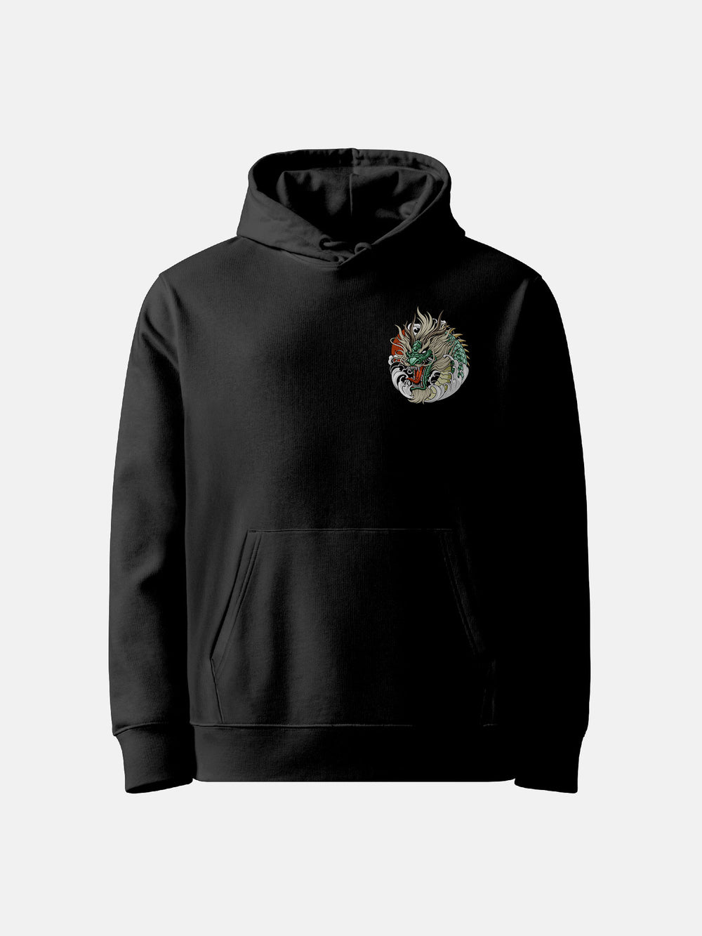 black hoodie Front view with left chest jade dragon head detail