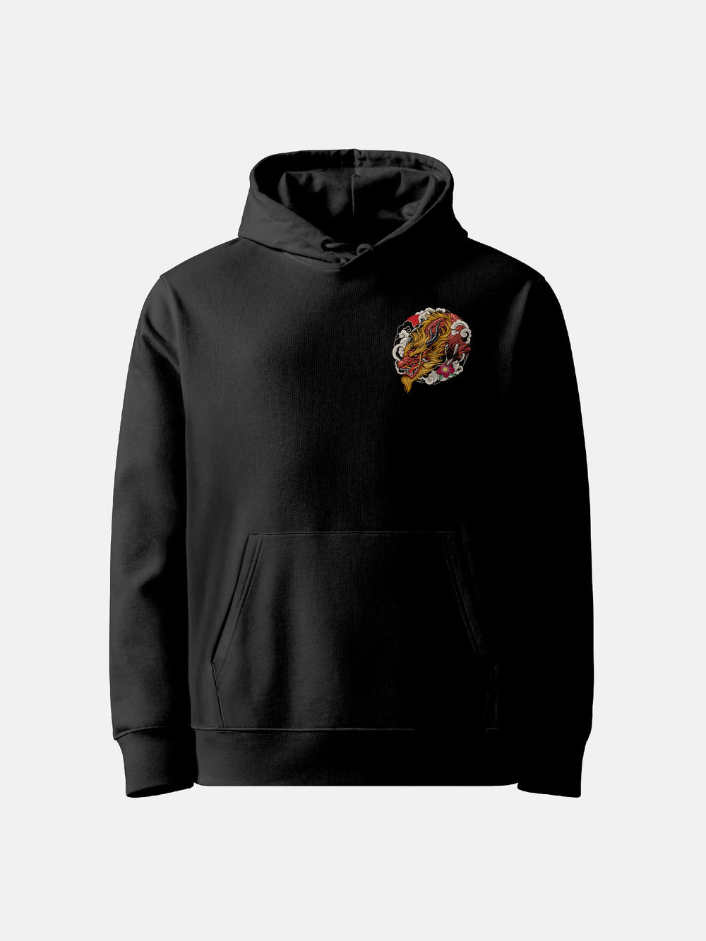 Black Hoodie Front view with left chest dragon detail