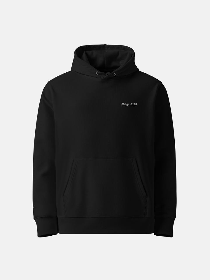 front product shot of a black hoodie with the dsign crtel logo text embroidered on the left chest