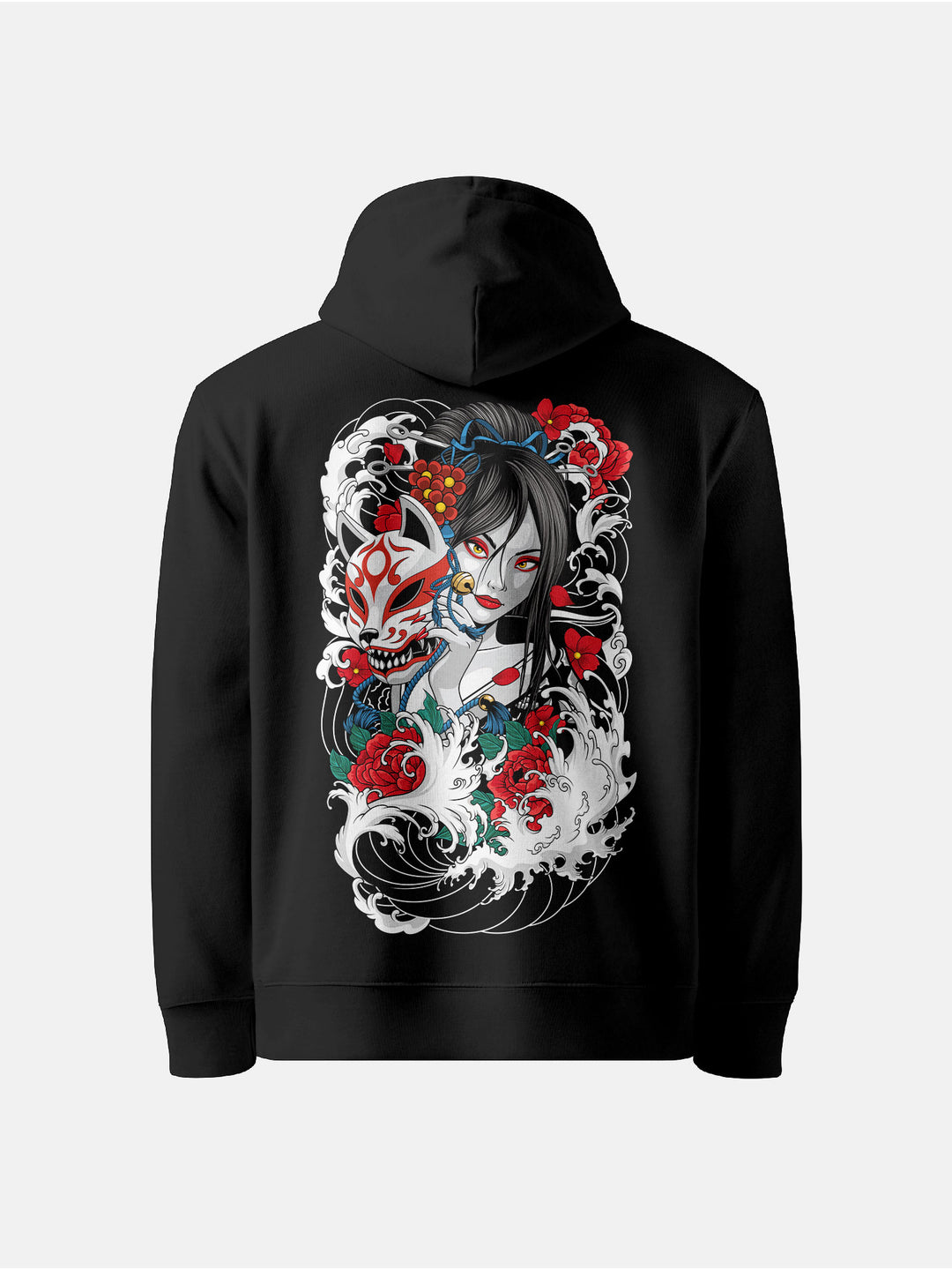 Back view featuring geisha with fox mask, waves, and blossoms