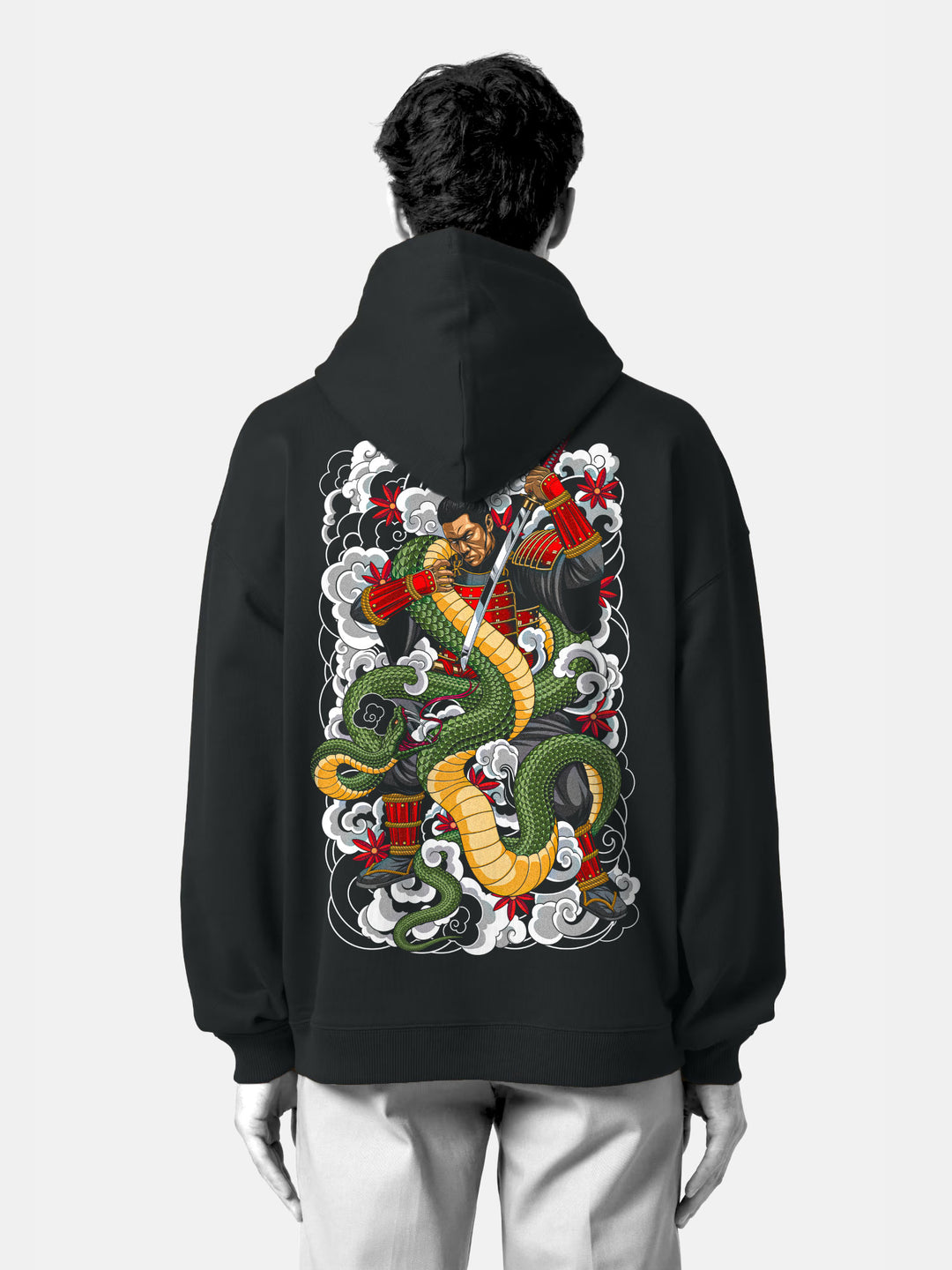 Black hoodie of Large Irezumi-style back print of a red-armored samurai entangled with a green and gold dragon, surrounded by smoke and waves.