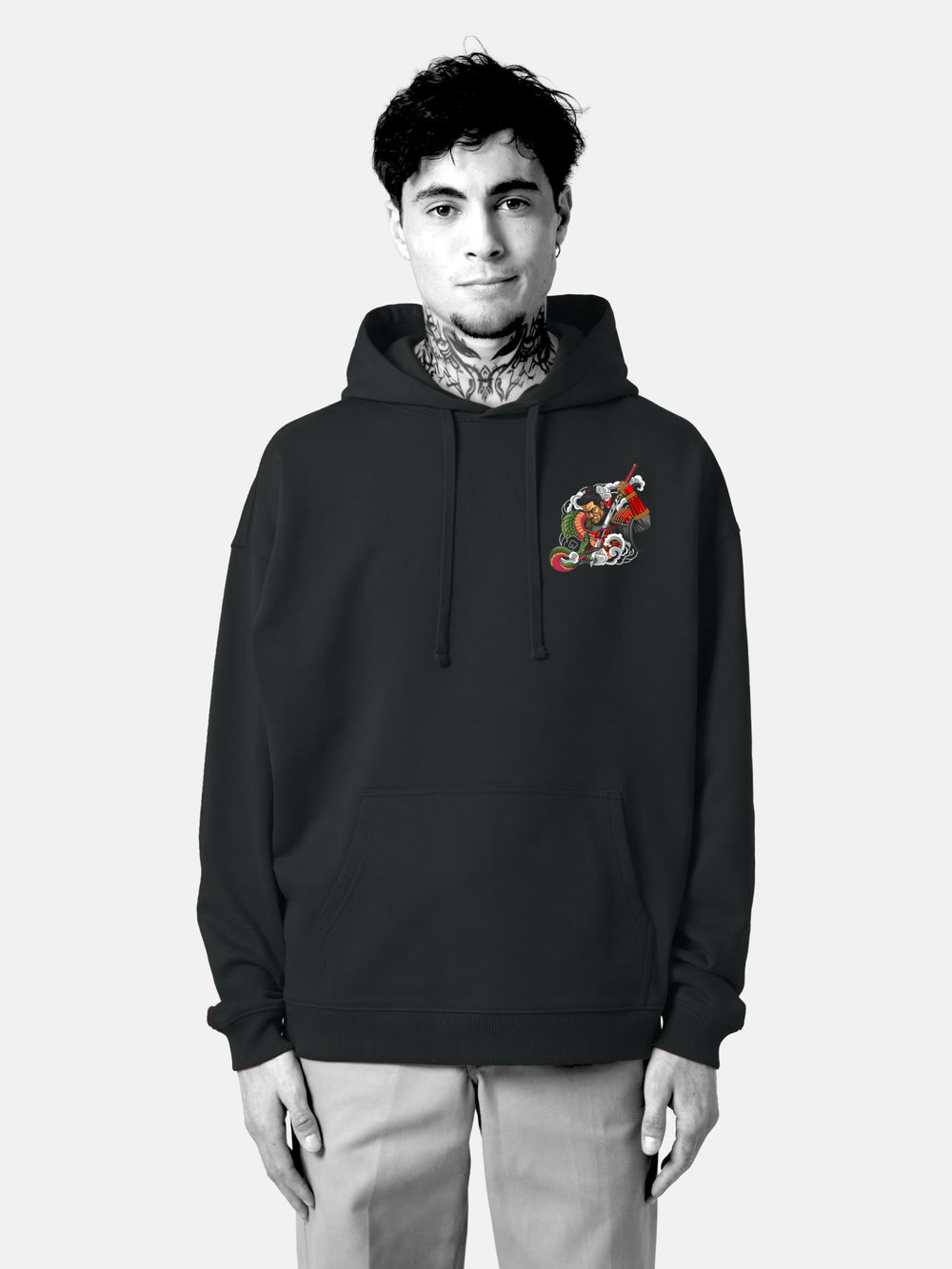 Black oversized hoodie with small front print of a samurai and dragon in a coiled battle stance.