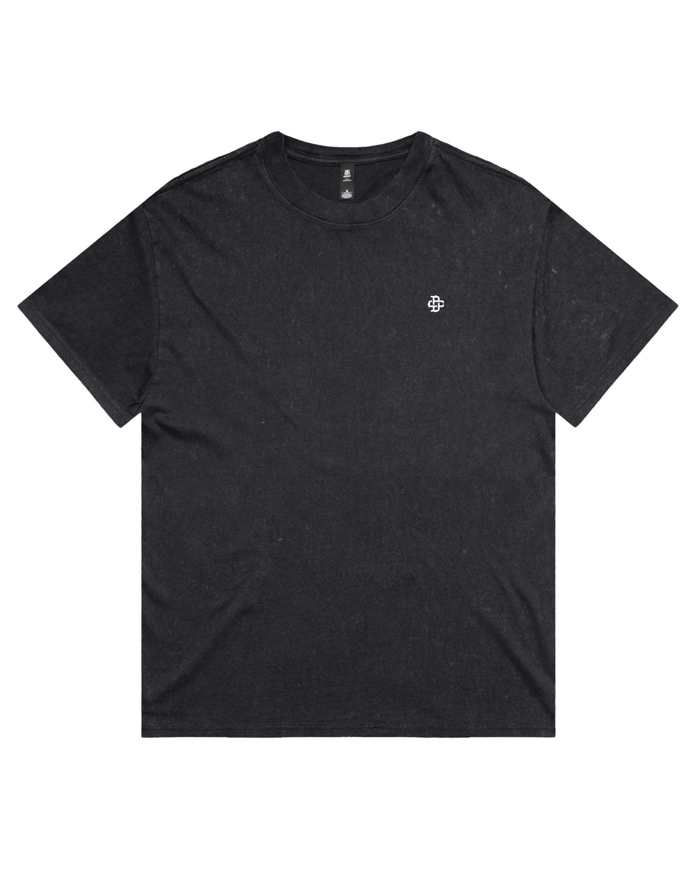A black short-sleeve stone wash crewneck t-shirt with a small white embroidered logo on the left chest