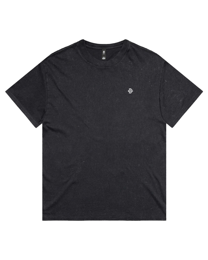 A black short-sleeve stone wash crewneck t-shirt with a small white embroidered logo on the left chest