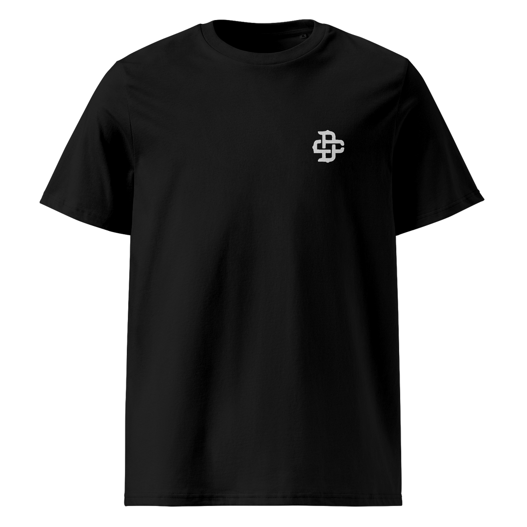 left chest white dc embroidery on black tee