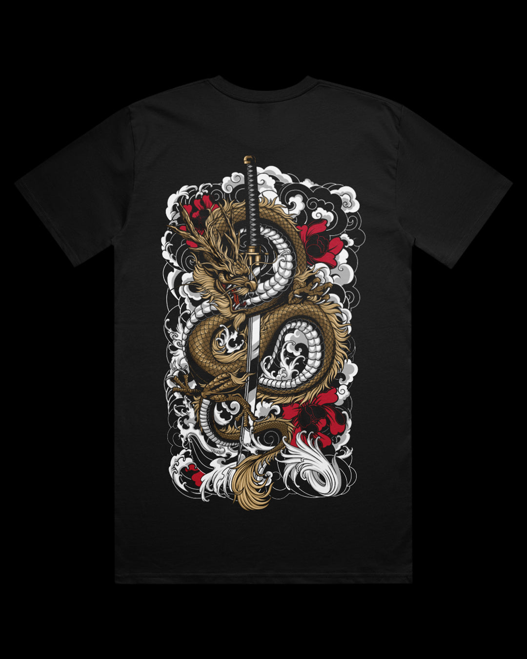 black t-shirt with a dragon and sword design on the back.