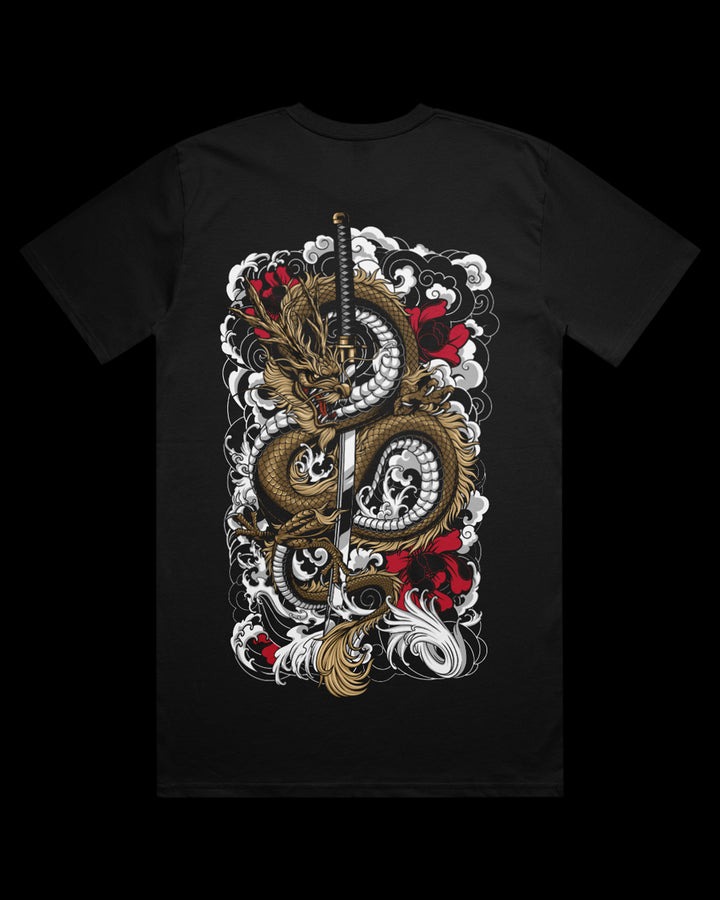 black t-shirt with a dragon and sword design on the back.