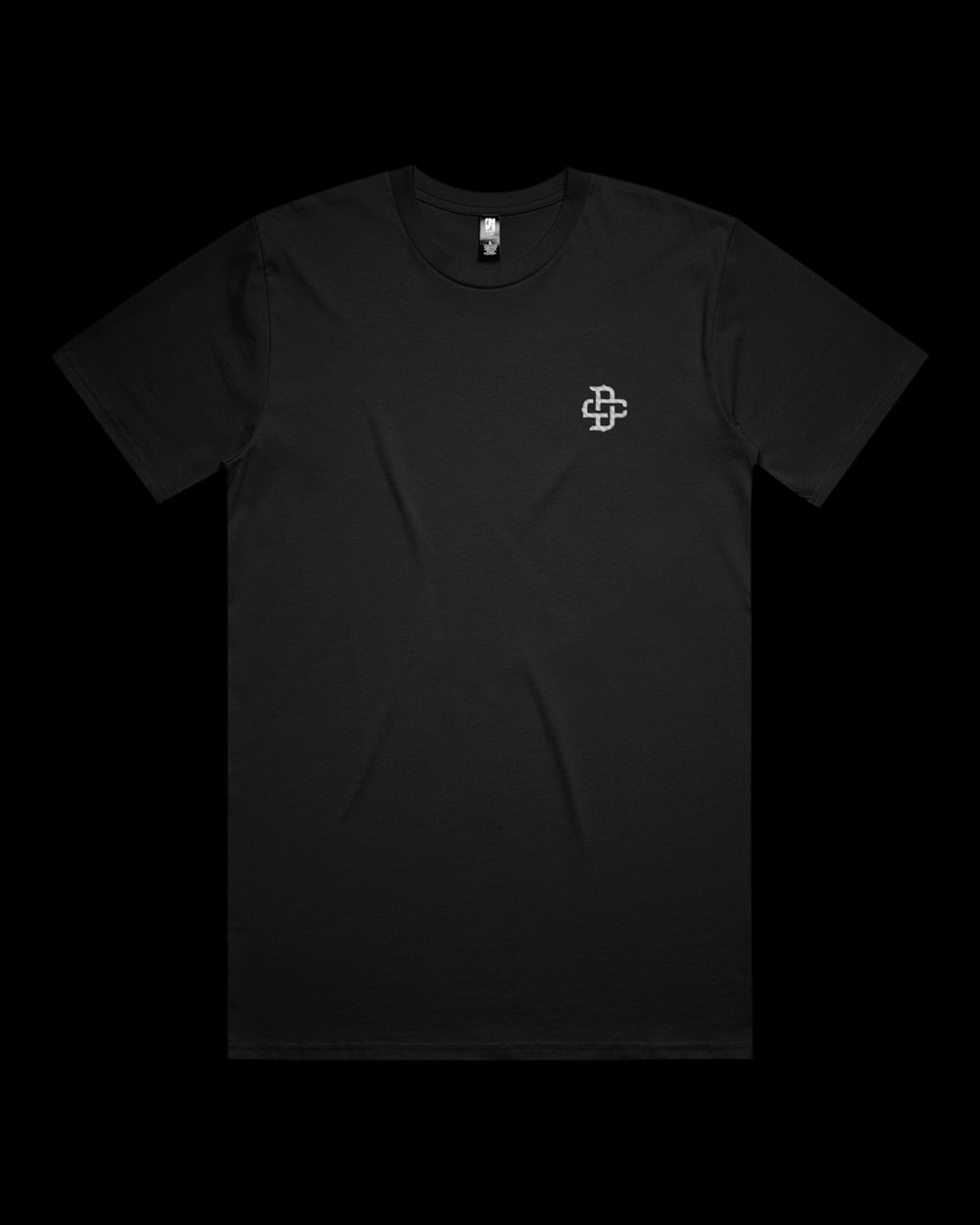 black t-shirt with a white embroidered monogram logo on left chest 