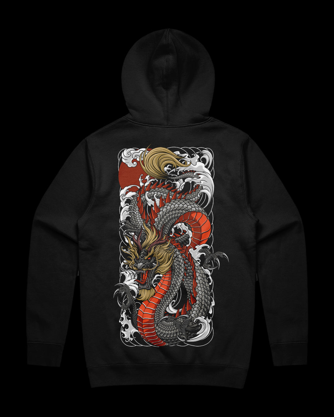 Black hoodie with a black dragon design on the back.