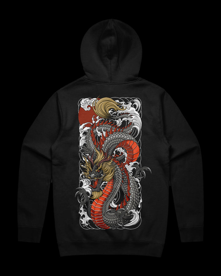 Black hoodie with a black dragon design on the back.