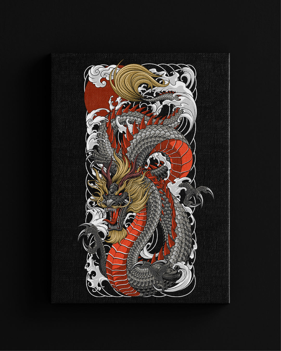 Decorative irezumi canvas wall art inspired design of a black dragon with intricate patterns on a black background