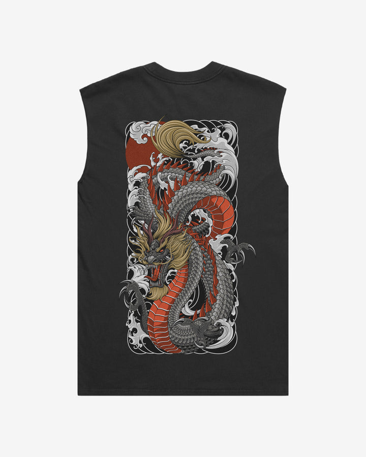 Japanese tattoo tank top with back print of black dragon