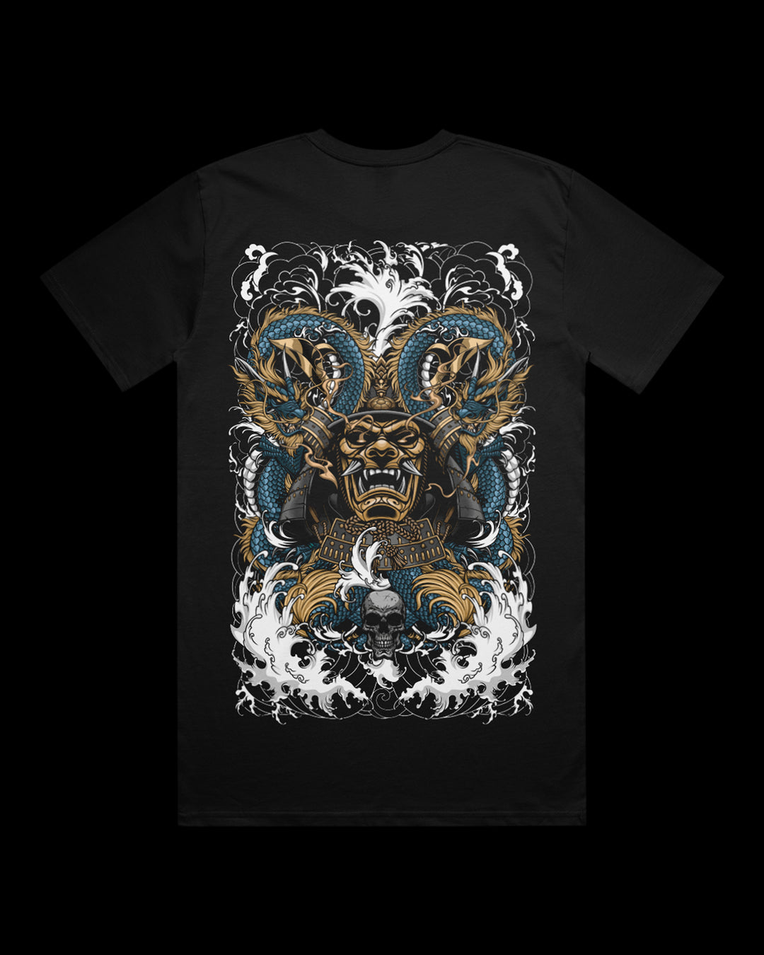 Black Graphic t-shirt with dragons and samura design