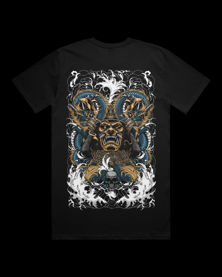 Black Graphic t-shirt with dragons and samura design