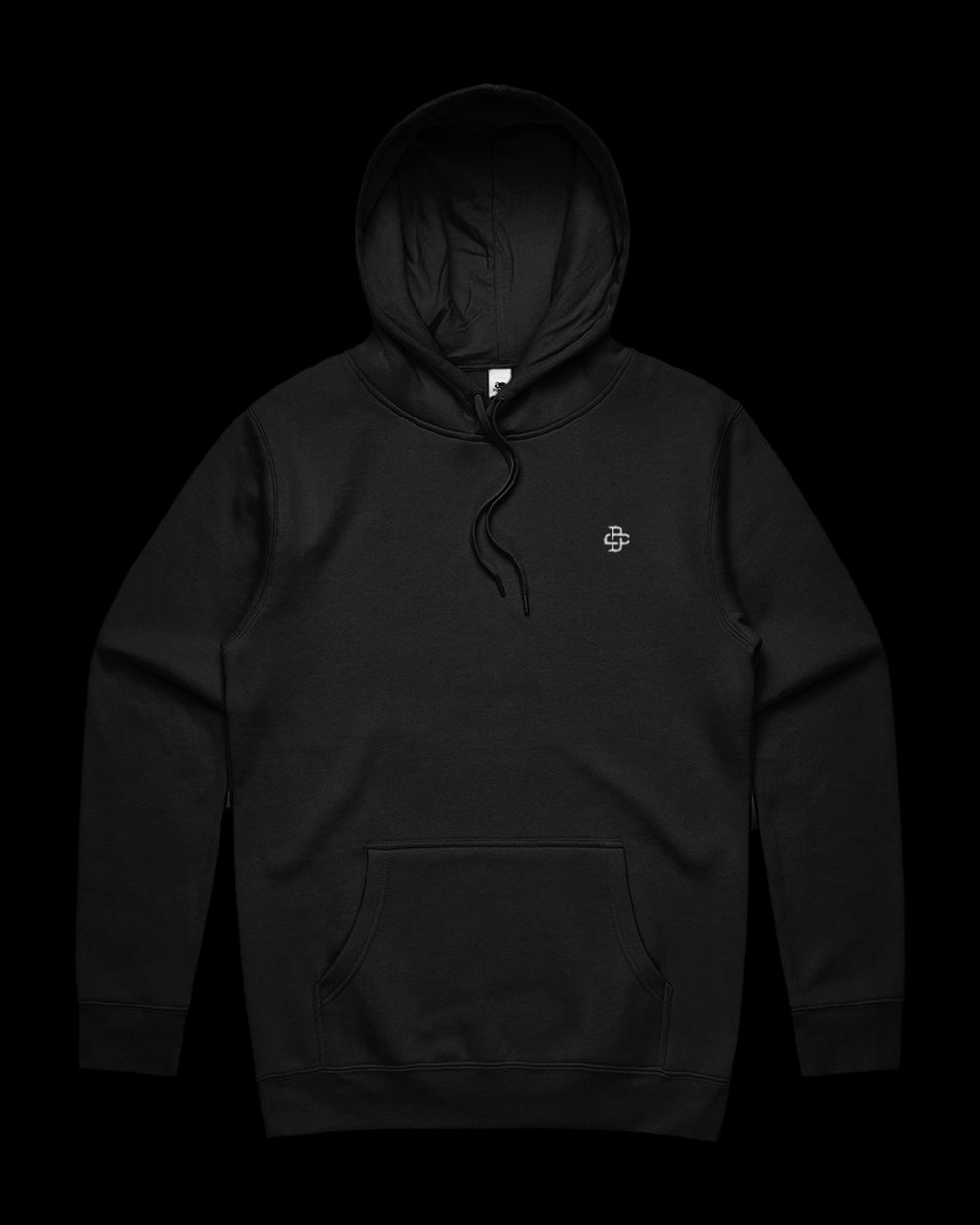 front view of 350gsm hoodie with dsign crtel monogram logo embroidered on left chest