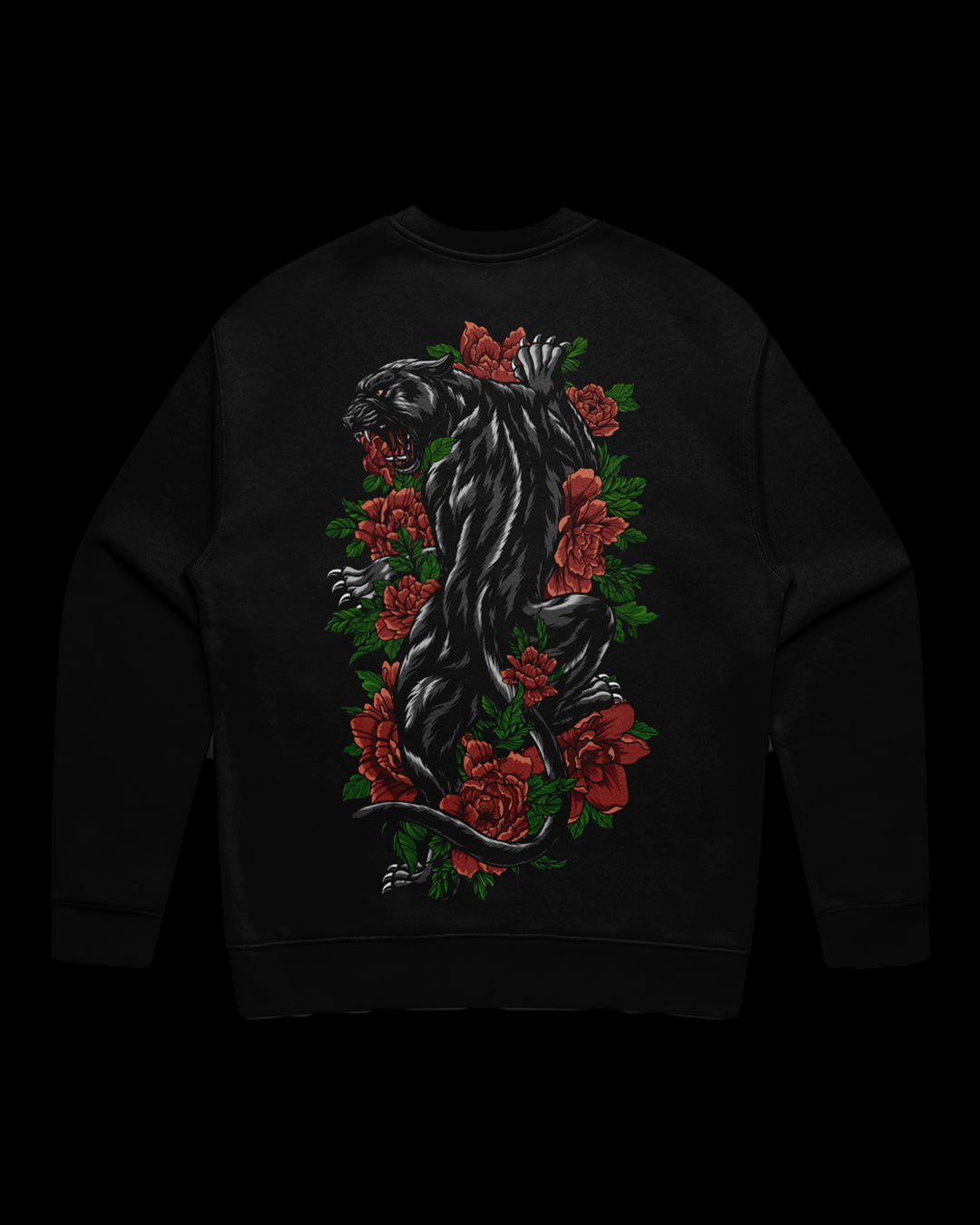 black sweatshirt with climbing panther print on the back