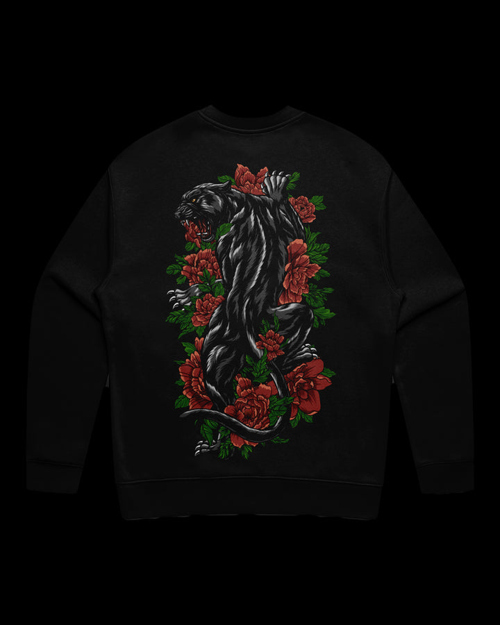 black sweatshirt with climbing panther print on the back