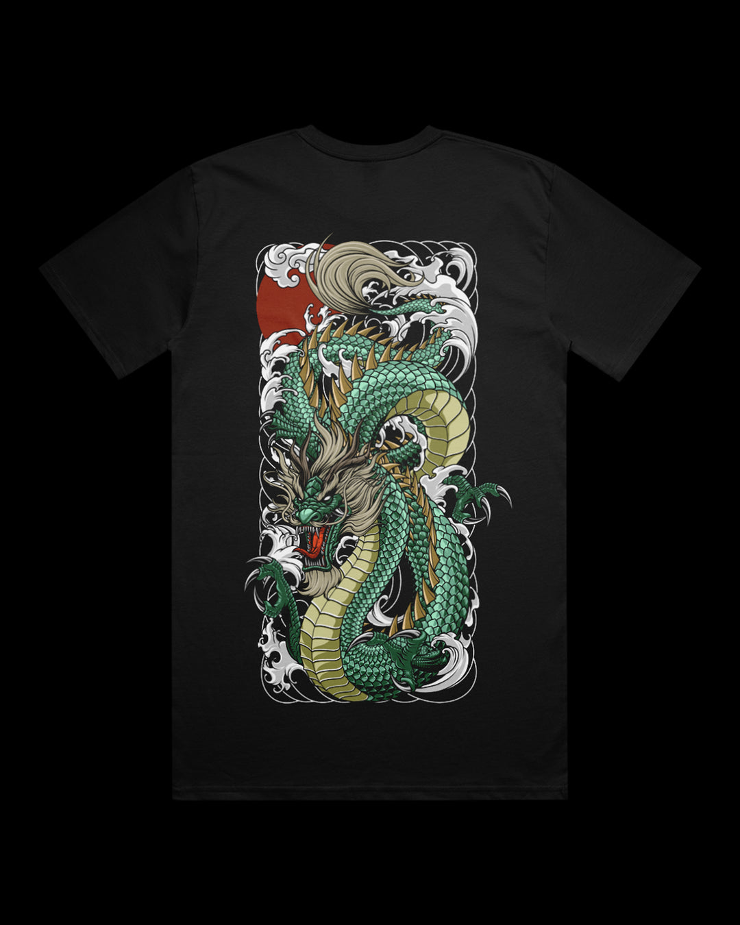 Graphic T-shirt featuring Japanese Irezumi-style green Dragon artwork.
