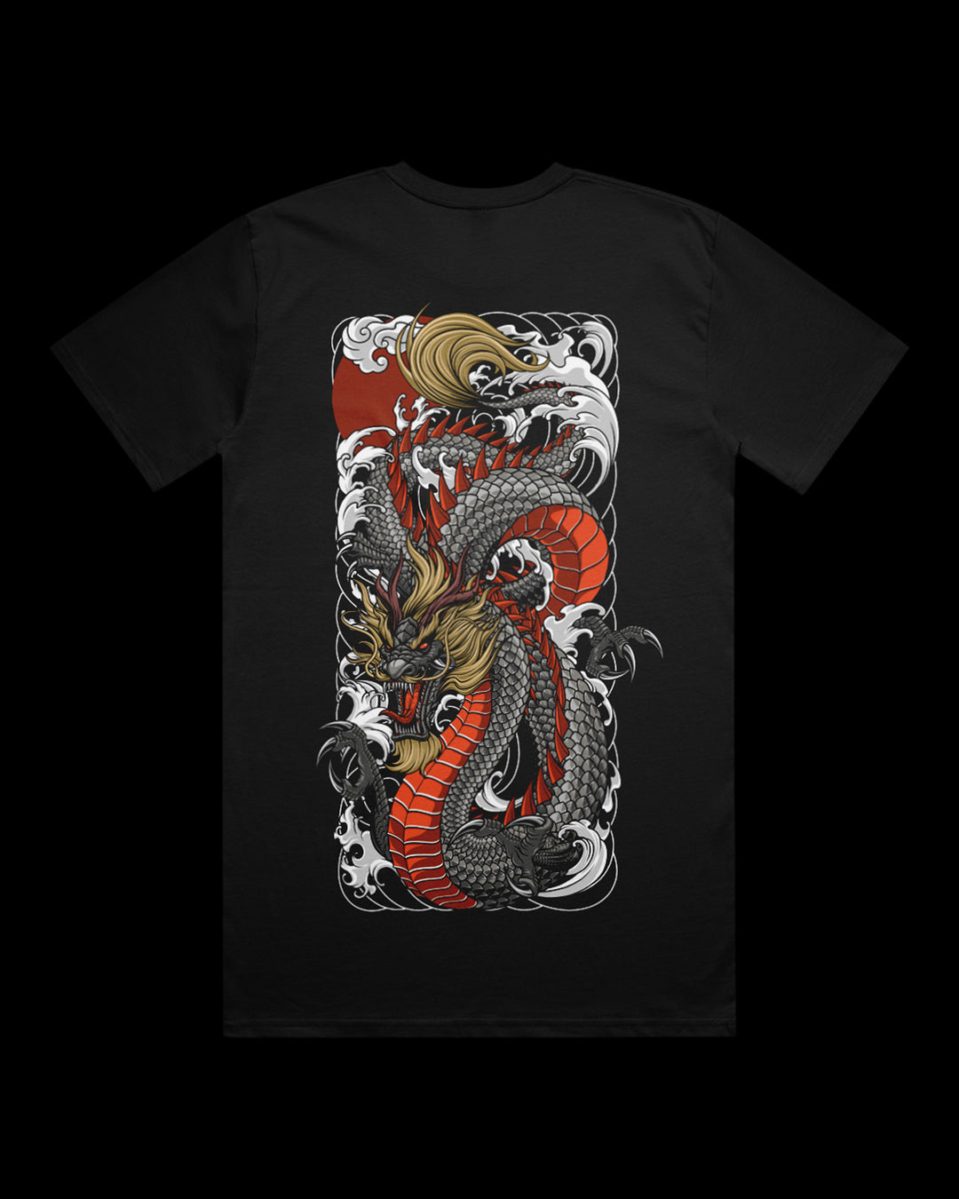 Black t-shirt with a dragon design on the back.
