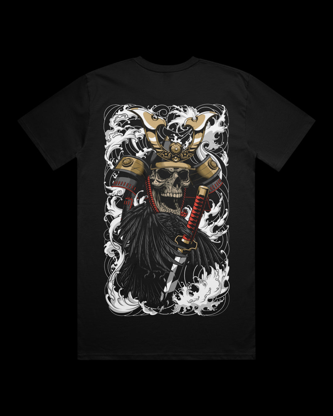 Black t-shirt with a graphic design of a skull in a samurai helmet irezumi inspired.