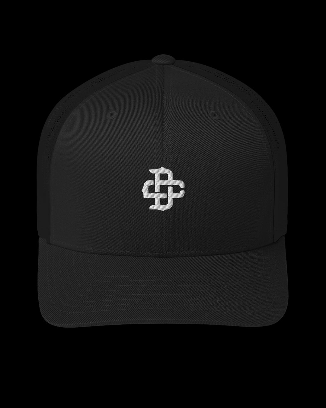 Black cap with a white logo on a black background