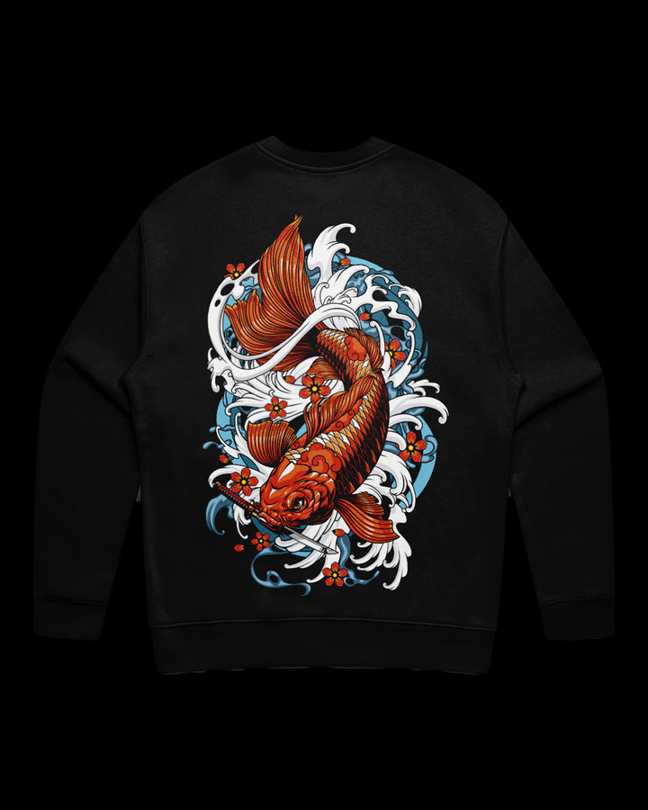 Black sweatshirt with a colorful koi fish design