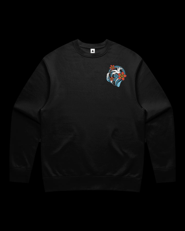 Black sweatshirt with a colorful koi fish design
