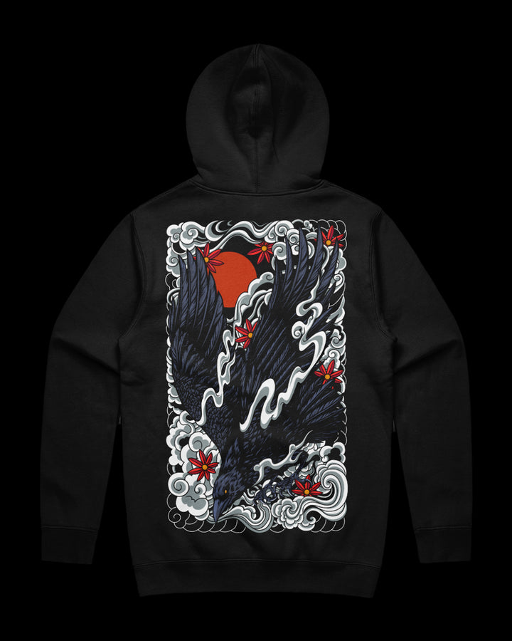 Black hoodie with a detailed irezumi raven graphic design print on the back.
