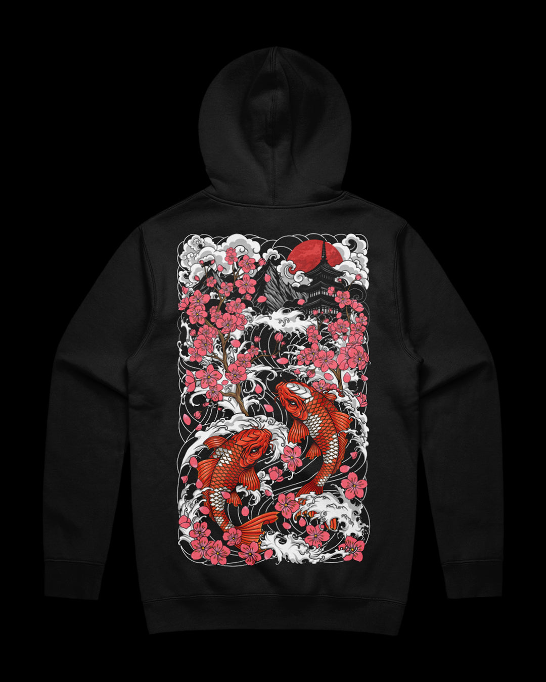 Black hoodie with a colorful Koi fish and cherry blossom design on the back