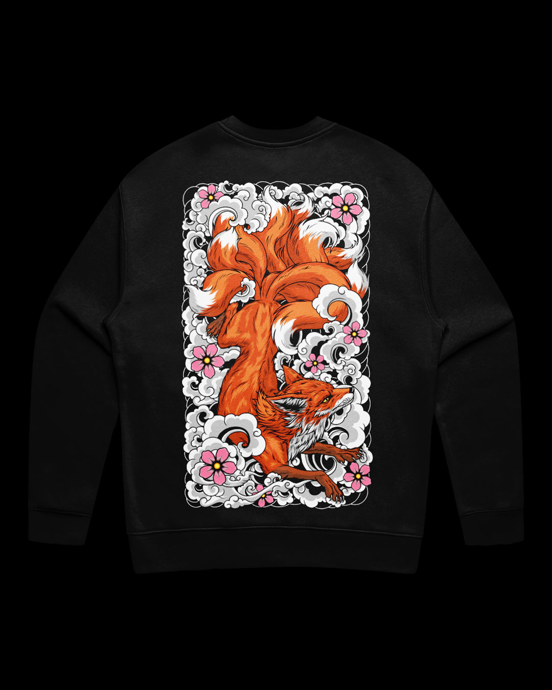 Black sweatshirt with a colorful fox design on the back against a black background