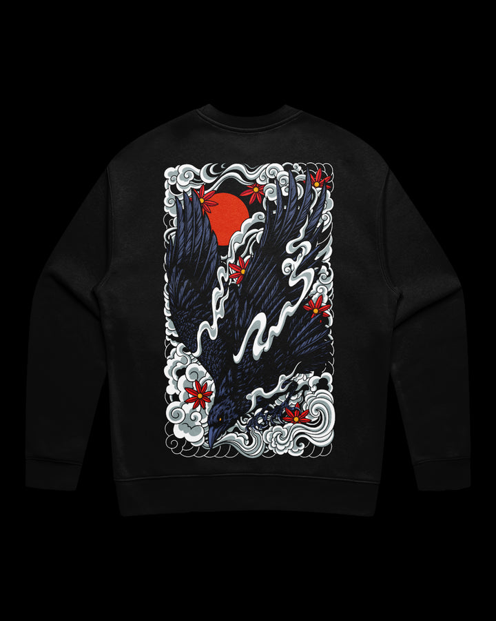 Black sweatshirt with a irezumi inspired raven design print on the back.