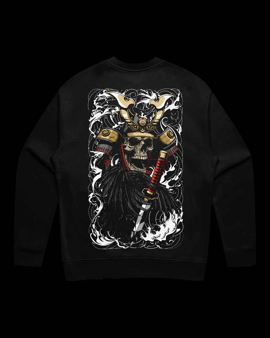 irezumi inspired samurai and raven graphic on black sweatshirt