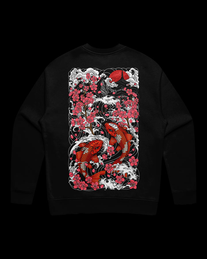 Black sweatshirt with pink sakura flowers and orange koi fish design 