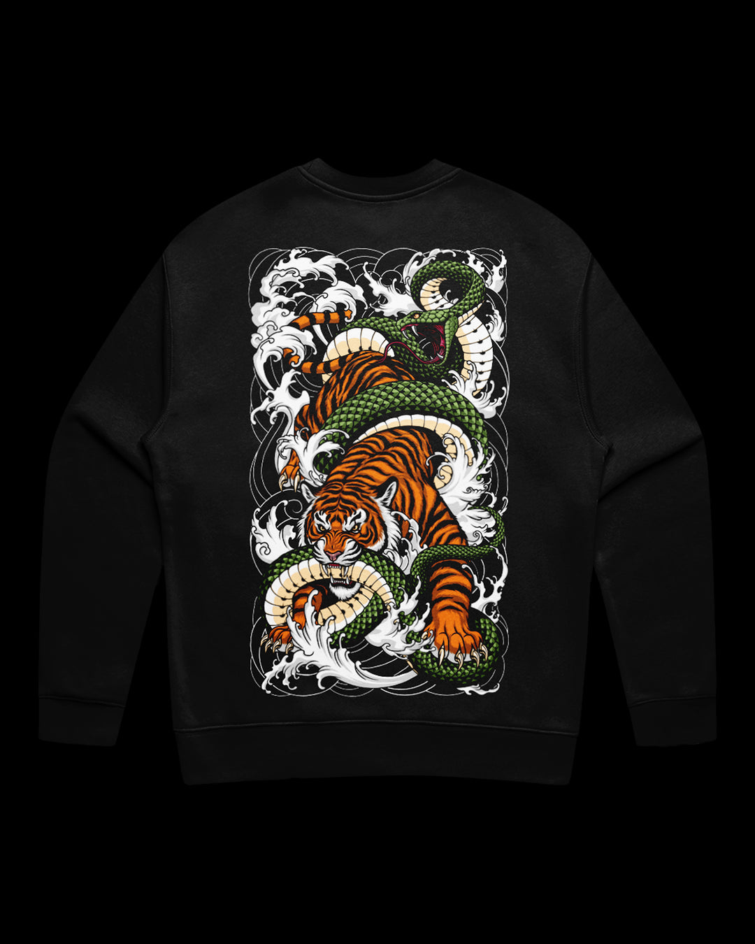 Black sweatshirt with a irezumi inspired  dragon and tiger design on the back